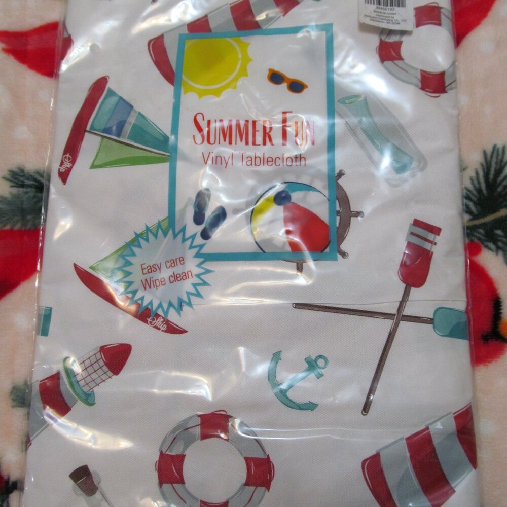 Vinyl Tablecloth Summer Fun Nautical Sailboat Lighthouse 52 x 70 oblong NIP